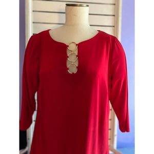 MSX Woman Women’s dress size 1X red gold rings neckline knee length 3/4 sleeve